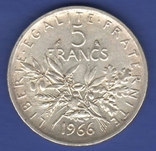 Франция. 5 франков 1966г. 835 проба. Сеятель, фото №3