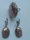 Серьги и кольцо серебро розовый кварц, фото №2