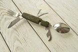  Нож походный в чехле ножик,вилка,ложка,штопор открывалка т.з, фото №2