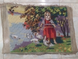 Старый Гобелен Девочка с гусями ручная работа 47х35 см, фото №4