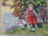 Старый Гобелен Девочка с гусями ручная работа 47х35 см, фото №7