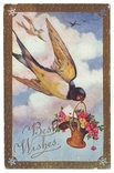 Старинная поздравительная с тиснением. Ласточка с корзинкой цветов. 1900-е г., фото №2