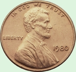 12.U.S. 1 cent, 1980 Lincoln Cent. Without mondvor mark, photo number 2