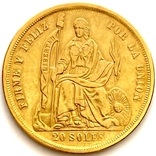 20 соль. 1863. Перу (золото 900, вес 32,15 г), фото №2