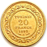 20 франков. 1892. Тунис (золото 900, вес 6,44 г), фото №2