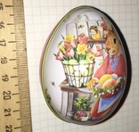 Шкатулка жестяная, пасхальное яйцо, заюшка-хозяюшка, цветы, фото №6
