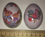 Шкатулка жестяная, пасхальное яйцо, зайцы, пара, цветы / кролики, фото №5