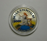 Либерия 20 долларов 2000 - МИЛЛЕНИУМ - серебро 999, цветная эмаль, унция, фото №3