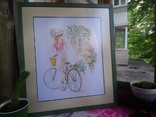 Ручная вышивка "Девушка с велосипедом", 79 на 69, фото №2