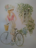 Ручная вышивка "Девушка с велосипедом", 79 на 69, фото №4