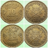 21.Марокко дві монети номіналом 10 і 20 франків, 1371 (1952)., фото №2