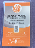 Слиток серебра 999 пробы США USA 1 гран с сертификатом подлинности, numer zdjęcia 2