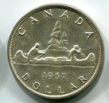 Канада 1 доллар 1957 г. Каноэ. Серебро, фото №2