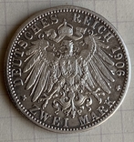 Монета Германской империи 2 марки, 1906 год, серебро 900, вес 11,03 грамм, фото №3
