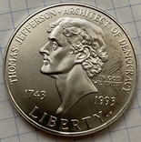 Монета 1 доллар 1993 года. 250-летие Томаса Джефферсона. Серебро 900, вес 26,55 грамм, фото №2