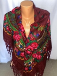 Shawl / Khustka. Cherry color with a multi-colored pattern. New Ukraine., photo number 2