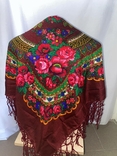 Shawl / Khustka. Cherry color with a multi-colored pattern. New Ukraine., photo number 3