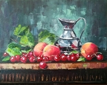 Мастихиновая живопись, Натюрморт с персиками и черешней, картина м/х с подрамником 35х45, фото №2