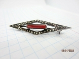 Brooch silver 925 marcasite with carnelian vintage, photo number 2