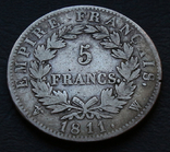 5 франков 1811 W Лиль Наполеон I. Серебро 24.64 г, фото №3
