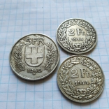 Три серебряные монеты Швейцария. 1914, 1944 и 1949 года., фото №2