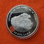 Либерия 20 долларов 2003 серебро ПРУФ Паровоз BR-10, фото №2