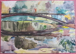 Пейзаж, мост, река, акварель, 1970-е, фото №3