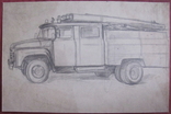 Соцреализм. Пожарная машина, карандаш. Рисунок с натуры, 1970-е, фото №3