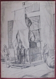 Соцреализм. Строительство памятника, карандаш. Рисунок с натуры, 1970-е, фото №3