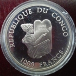 1000 франков, 2002 год, Конго, парусник GALEACA PORTUGUESA DA INDIA - серебро, фото №3