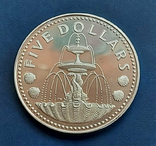 Серебряные 5 долларов 1973 г. (0.800, 31.1г); Барбадос, Фонтан (Proof), фото №2