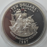 10 долларов 1987 год, Багамские о-ва, Корабль КОЛУМБ и ИЗАБЕЛЛА, Серебро, Тираж -1800 штук, фото №2