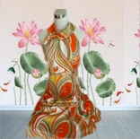 Платье женское цветное под атлас в принт с воланом, фото №4