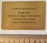 Сертифікат автентичності (99.9%) Золота фольга / сувенір 24К, сертифікат, фото №6
