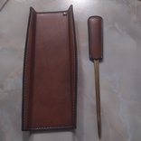 Нож для бумаг Латунь Натуральная кожа на Кожанной подставке Клеймо Настольный декор, photo number 2