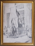 Соцреализм. Строительство памятника, карандаш. Рисунок с натуры, 1970-е, фото №2