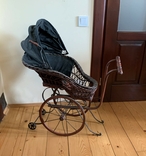 Antique large wicker wooden canvas stroller for antique dolls Germany, photo number 2