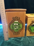 Дерево набор шкатулок для сыпучих продуктов Карпатские мотивы 3шт. 1976 год с биркой, photo number 3
