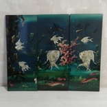 Panel triptych mother-of-pearl Seabed Painting on wood Fish Vintage Vietnam, photo number 2