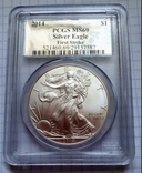 1 доллар США "Шагающая Свобода-Серебрянный орел", 2014 г, серебро слаб PCGS MS-69, фото №2
