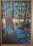 Старая картина 1963 г. Лось у ручья (129х88 см.) Неизвестный художник. Подпись, фото №5
