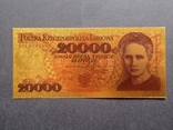 Золота сувенірна банкнота Польщі 20000 злотих (1989р), фото №2