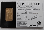 Банківський золотий злиток Umicore 20g, фото №3