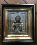 Старинная икона "Господь Вседержитель" в серебряном окладе 84 пробы и киоте, фото №2