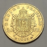 20 франков 1863, Франция, Наполеон III с венком, золото, фото №3