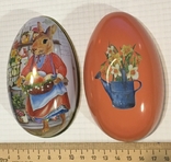 Жерстяна коробка (велика), пасхальне яйце, зайчик-господиня, квіти / кролик, фото №12