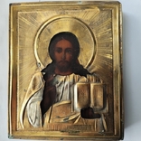 Икона Иисуса Христа в ярком позолоченном окладе. Старинная., фото №3