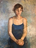1.75 Картина. Портрет девушки в синем. Есть надрыв полотна в нижней части., фото №2