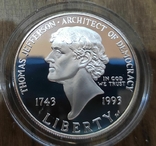 США 1 доллар 1993 г. 250 лет со дня рождения Томаса Джефферсона Серебро Пруф, фото №2