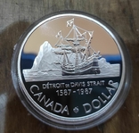  Канада 1 доллар 1987 г. Серебро. Третье плавание пирата Джона Дэвиса в 1587 году Корабль, фото №2